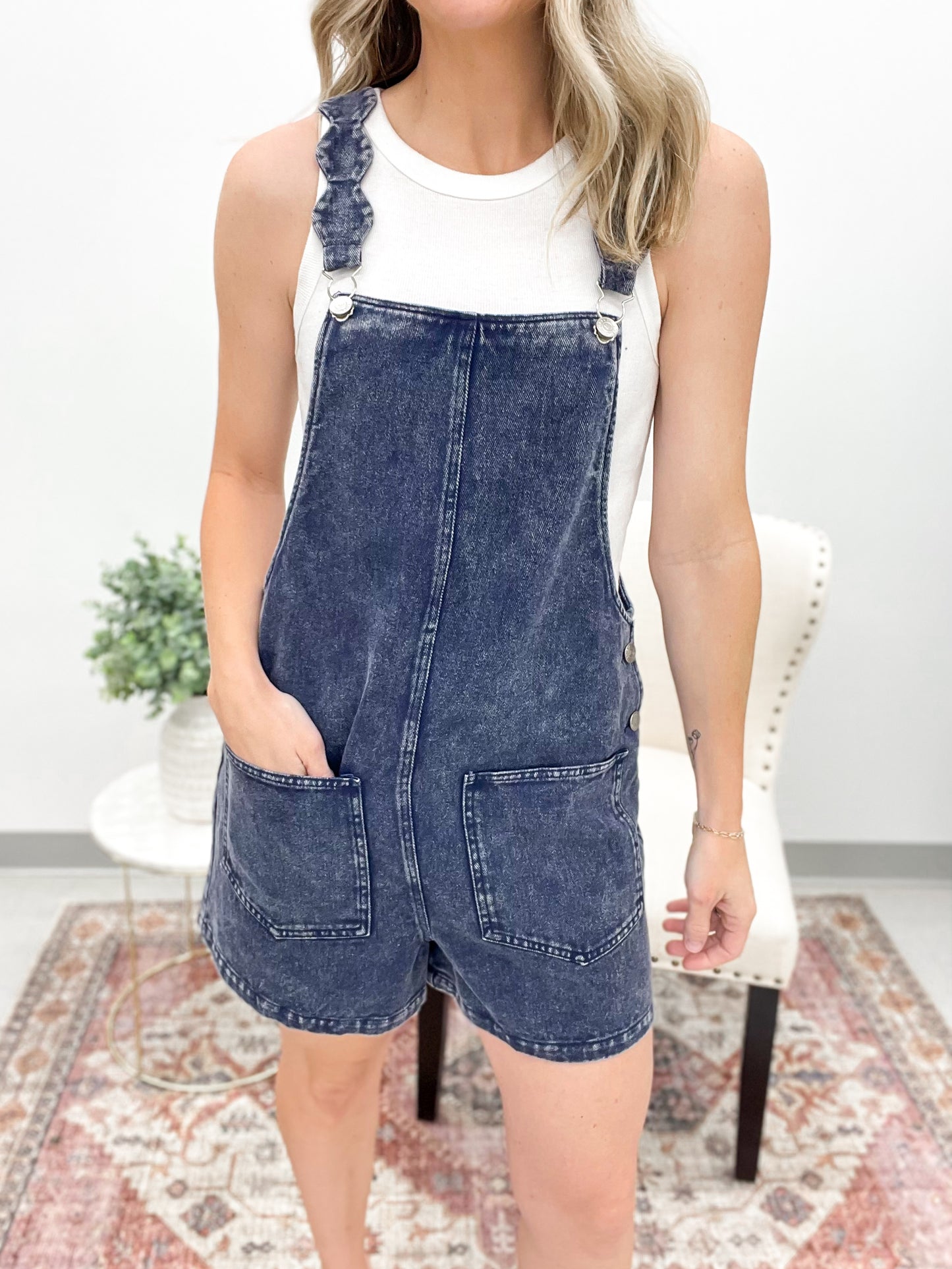 The Sophie Scallop Strap Shortalls Navy