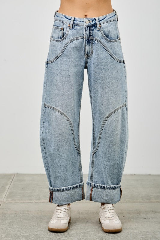 The Paige High Rise Barrel Wide Cuff Denim Light Wash