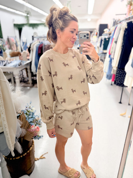 Dachshund Print Two Piece Set Mocha Brown