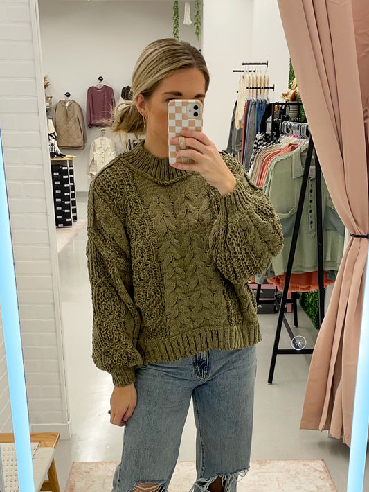 The Polly Mock Neck Cable Knit Sweater Olive