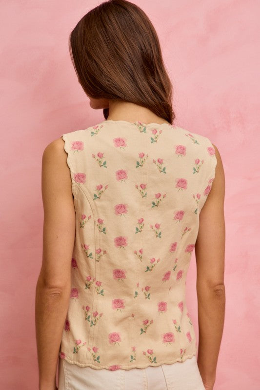 For You Floral Rose Scallop Button Down Vest Ivory/Pink