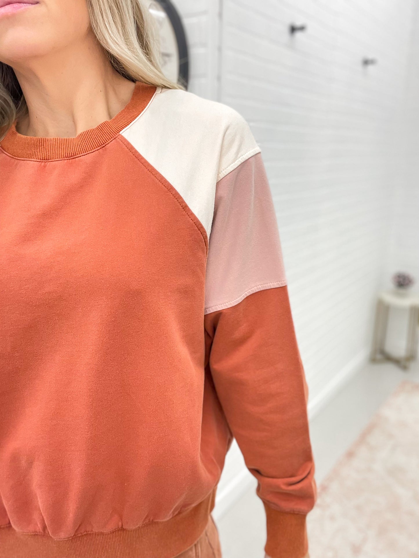 She Could Be Color Block Pullover Washed Brick