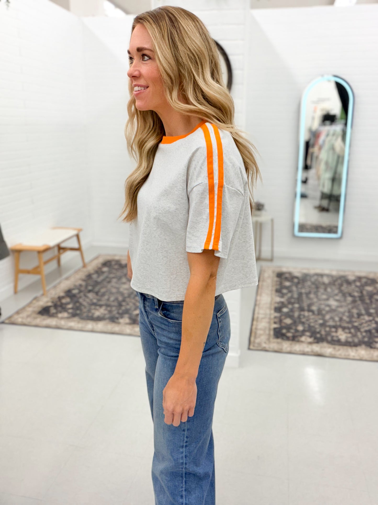 Varsity Orange Stripe Crop Shirt Light Gray