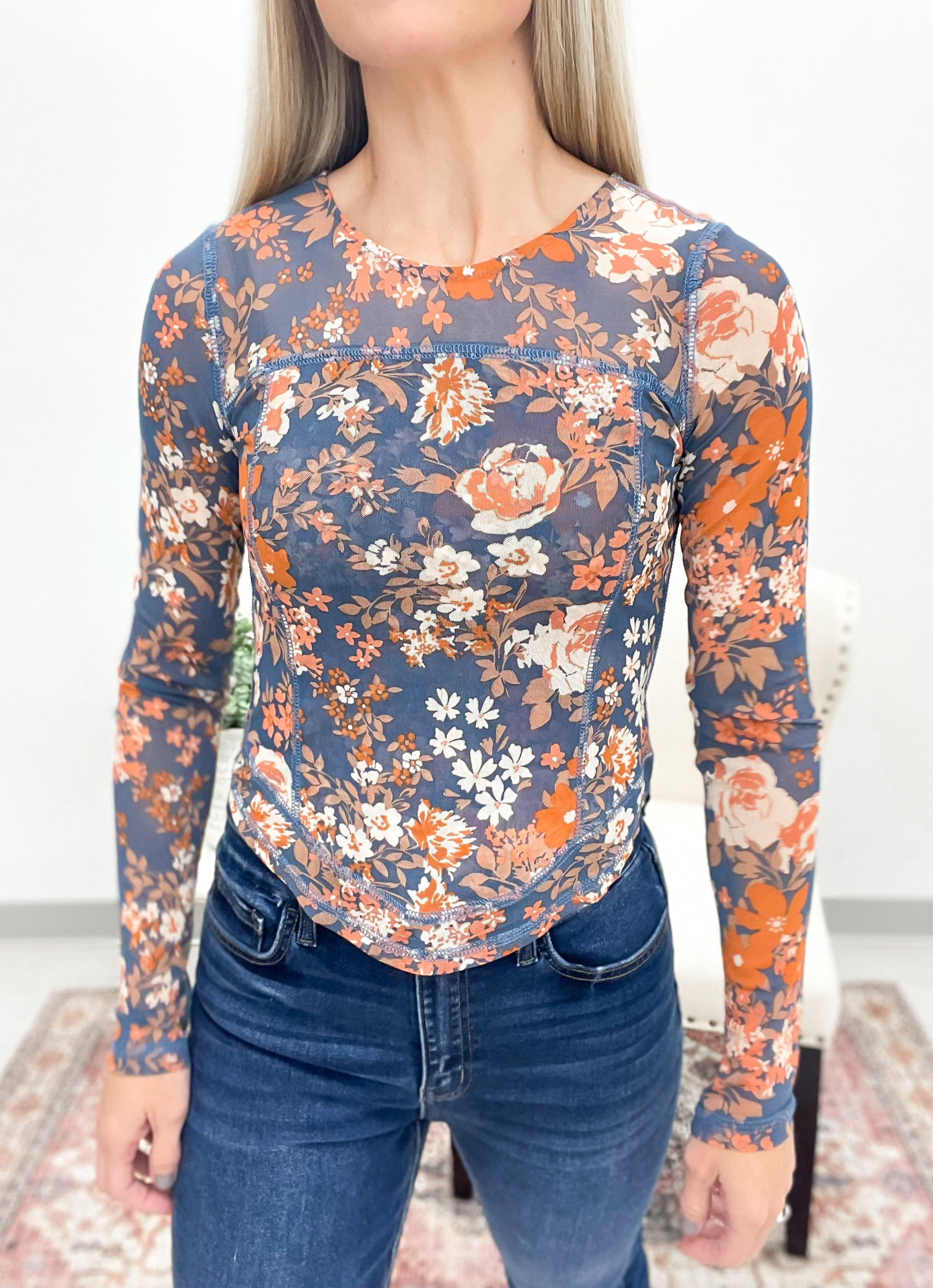 Only The Best Floral Print Mesh Top Blue