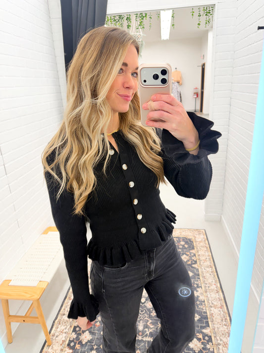 The Details Ruffle Hem Ribbed Knit Sweater Cardigan Black