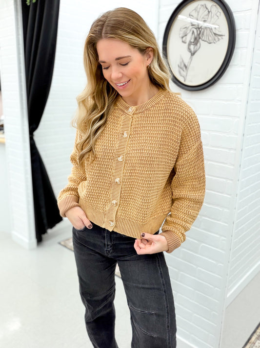 Looking Back Mineral Wash Cable Knit Button Cardigan Camel