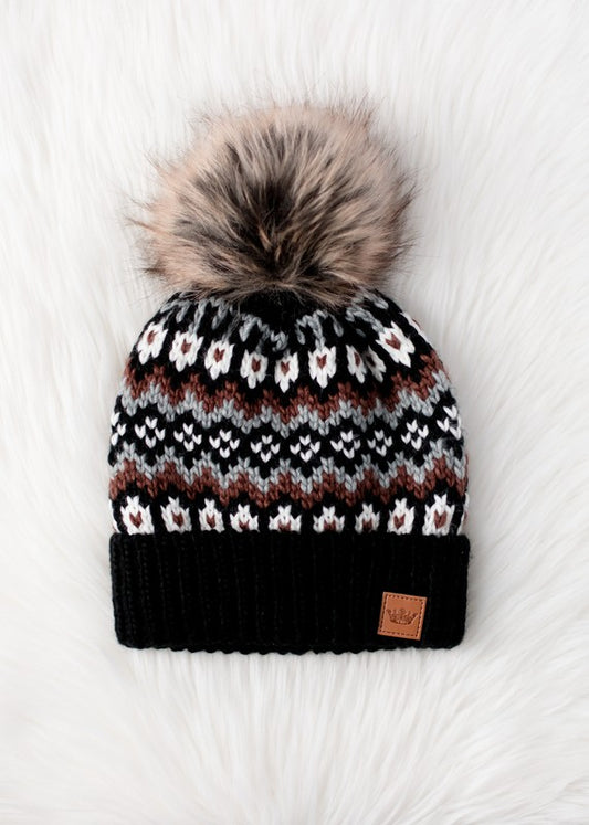 Black White And Brown Winter Pattern Pom Beanie Hat