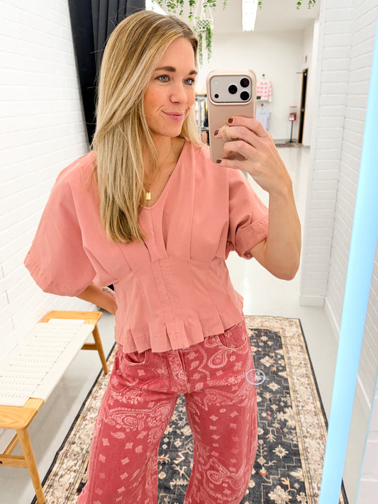 Back Again Washed V-Neck Pleat Detail Top Dusty Rose