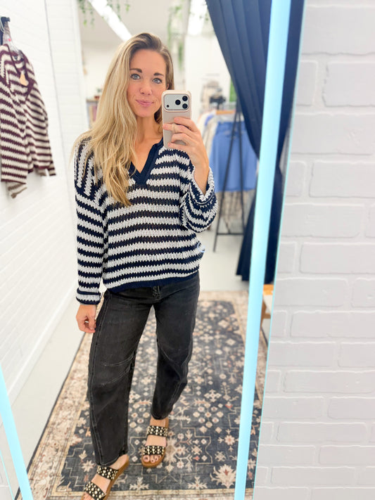 Never Ending Split Neck Knit Stripe Sweater Navy