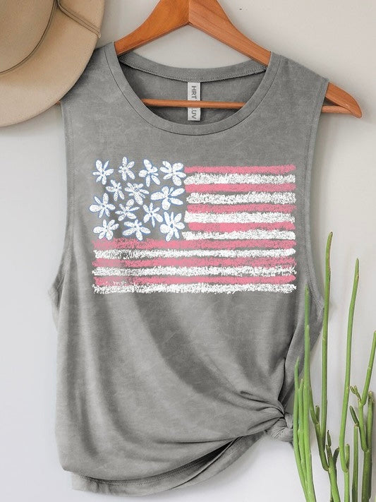 American Flag Mineral Wash Tank Top Gray