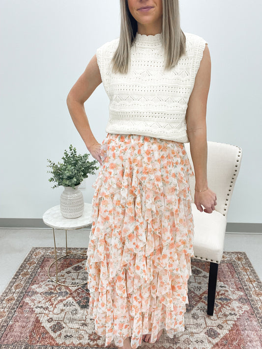 In Bloom Ruffled Floral Mesh Maxi Skirt