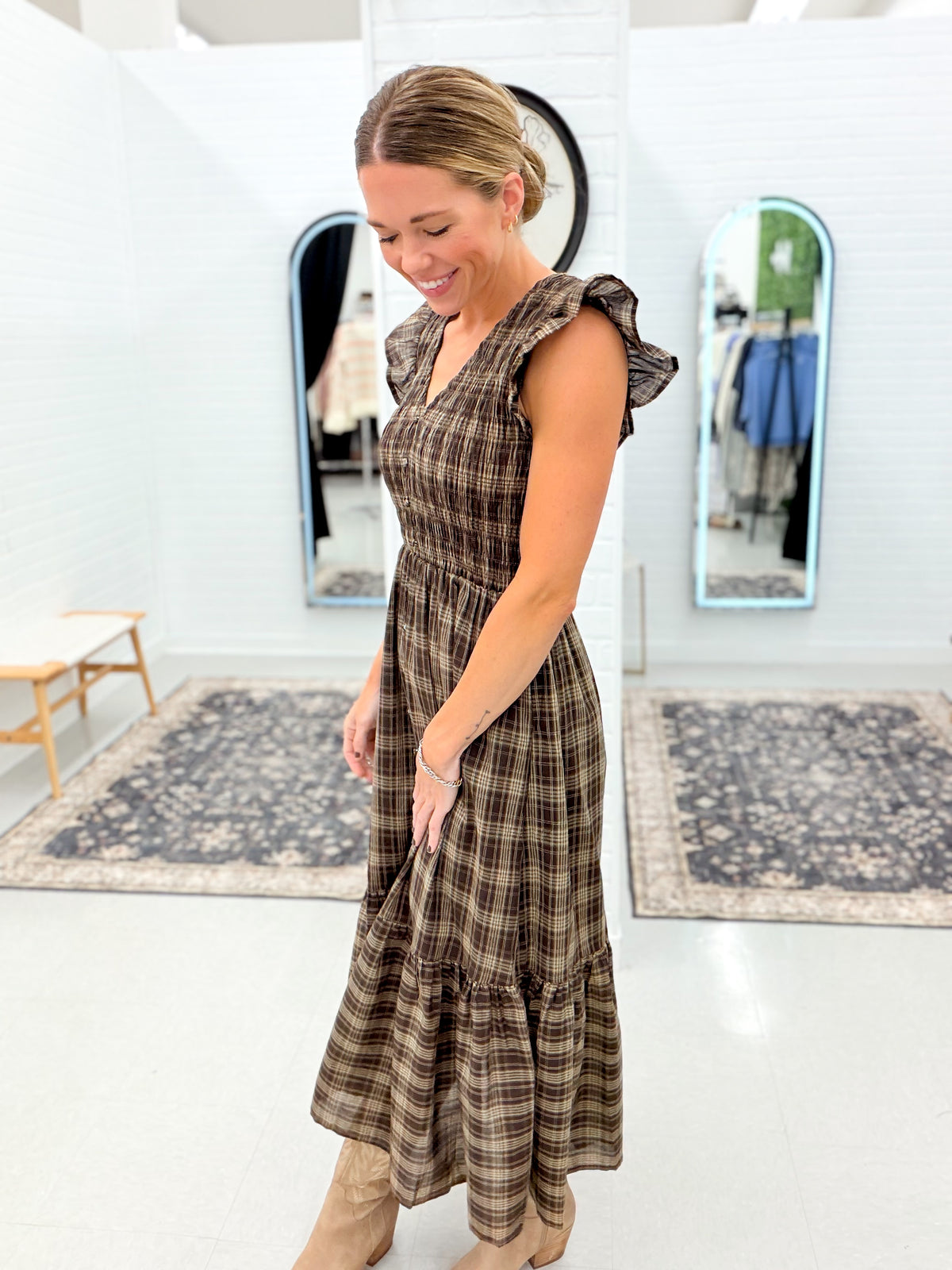 Pretty In Plaid Smocked Button Detail Ruffle Midi Dress Brown