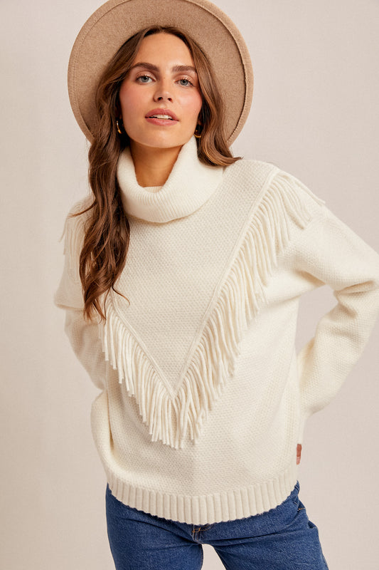 Hang Tight Fringe Detail Mock Neck Sweater Cream