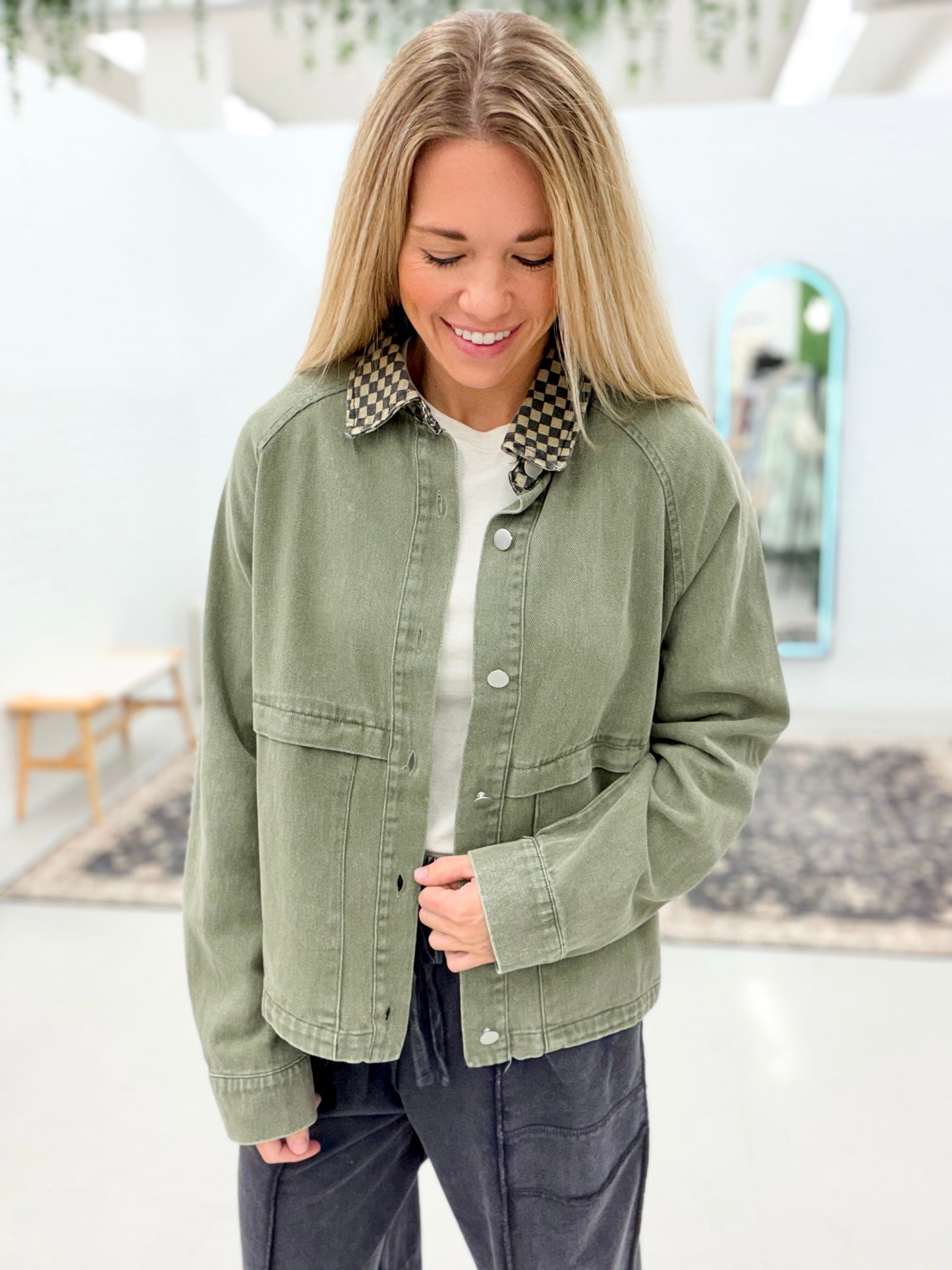 Worst Way Mineral Wash Checkered Collar Jacket Olive