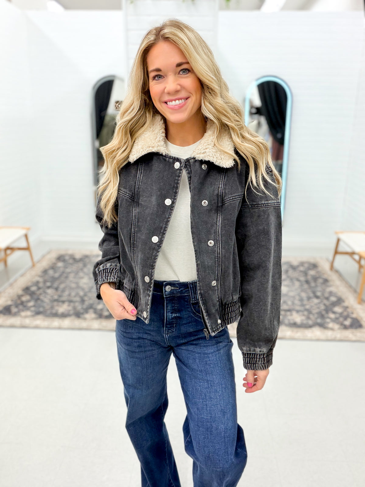 After Midnight Fur Collared Denim Jacket Black
