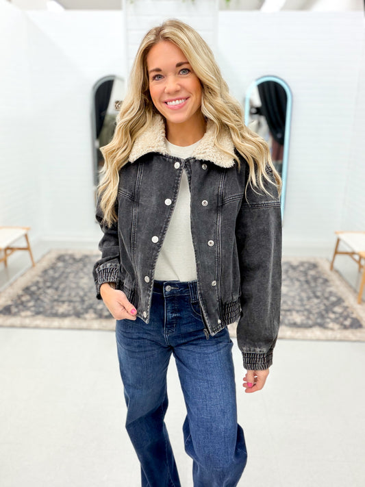 After Midnight Fur Collared Denim Jacket Black