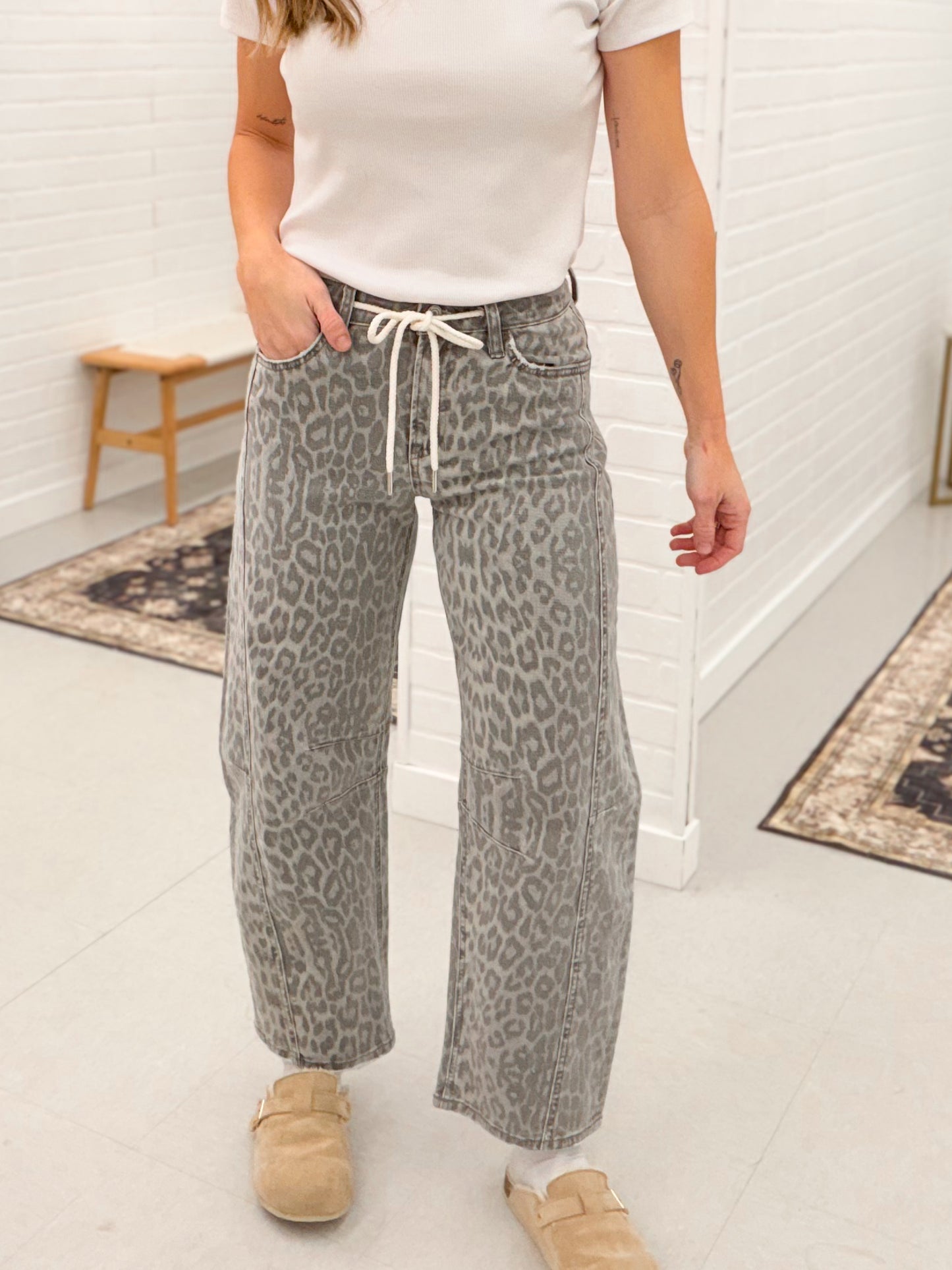 The Kate Gray Wash High Rise Leopard Barrel Jeans