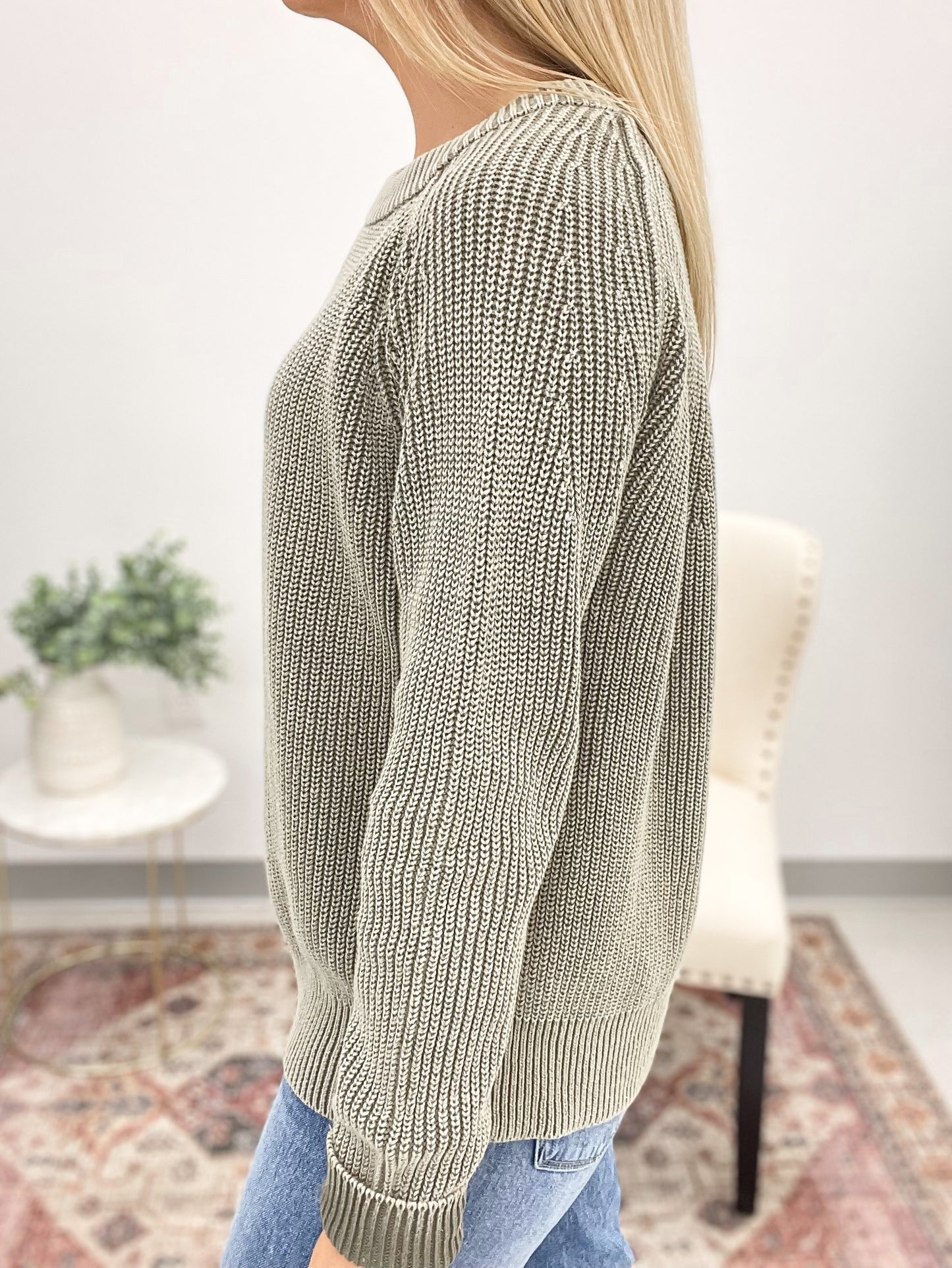 True Self Washed Knit Sweater Olive