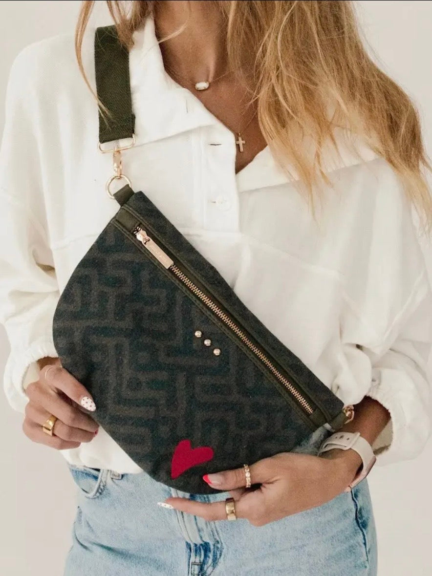 The Colby Canvas Printed Bum Bag Olive/Black Geometric