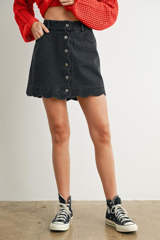 Starts With You Scallop Detail Button Denim Skirt Black