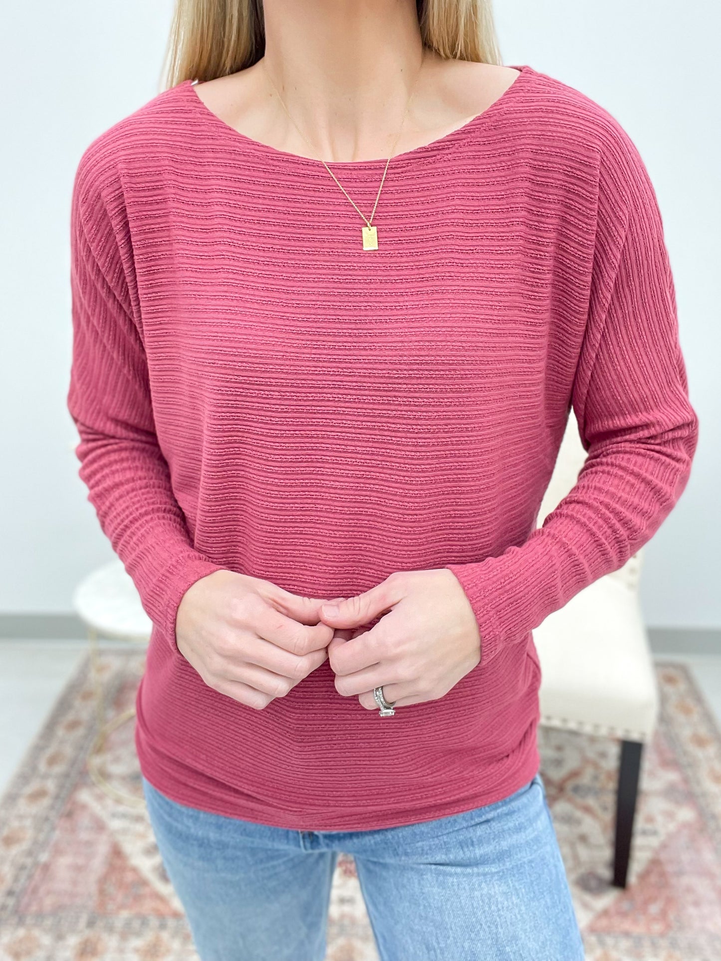 Early Days Textured Boat Neck Top Dark Rose