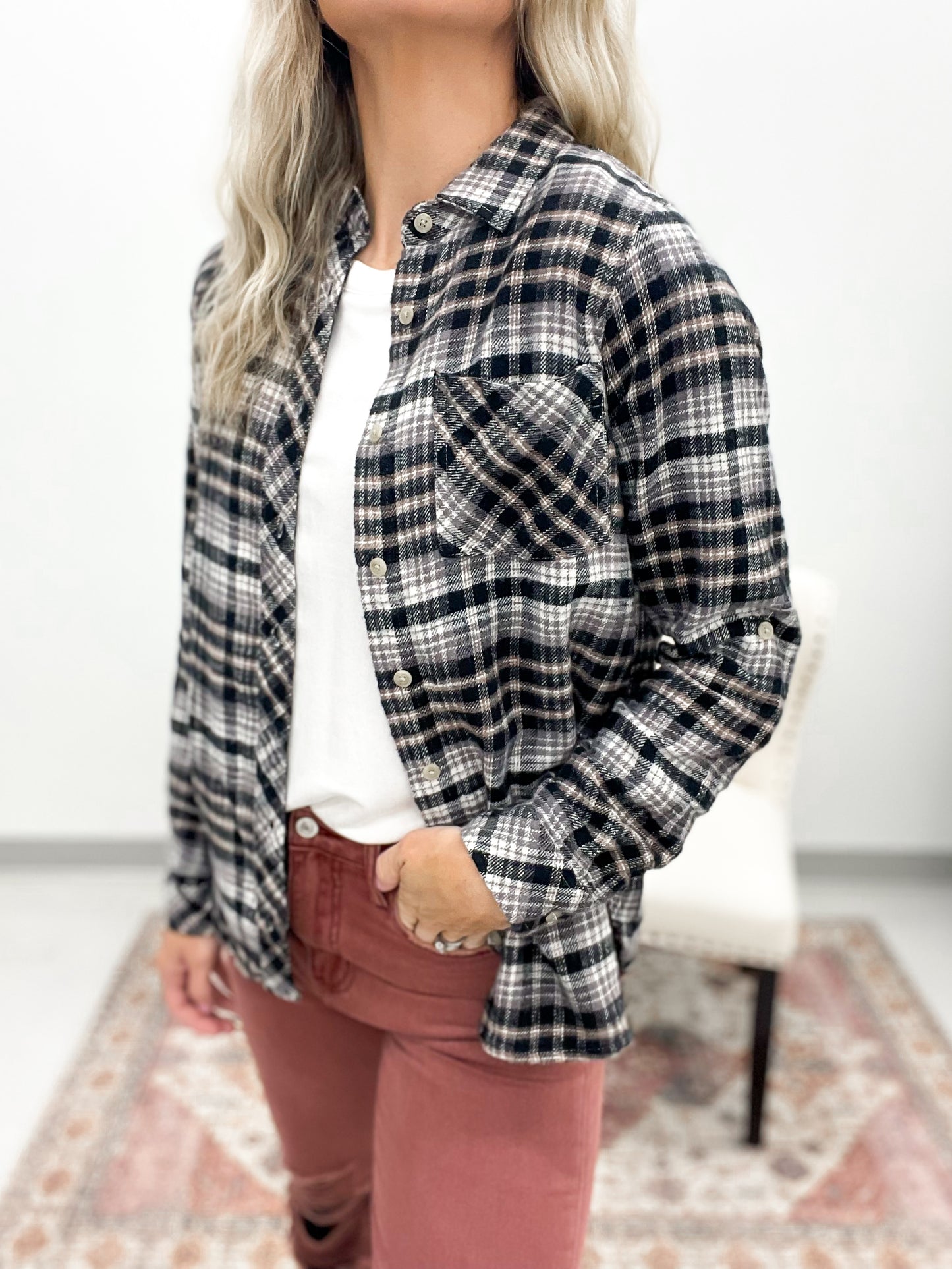 The Miley Plaid Flannel Top Cream Black