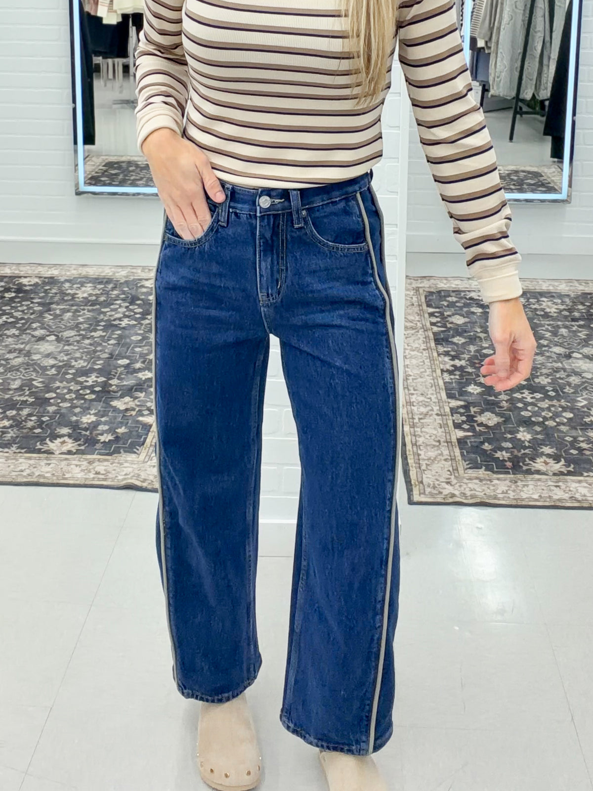 The Victoria High Rise Side Panel Barrel Jeans Dark Wash