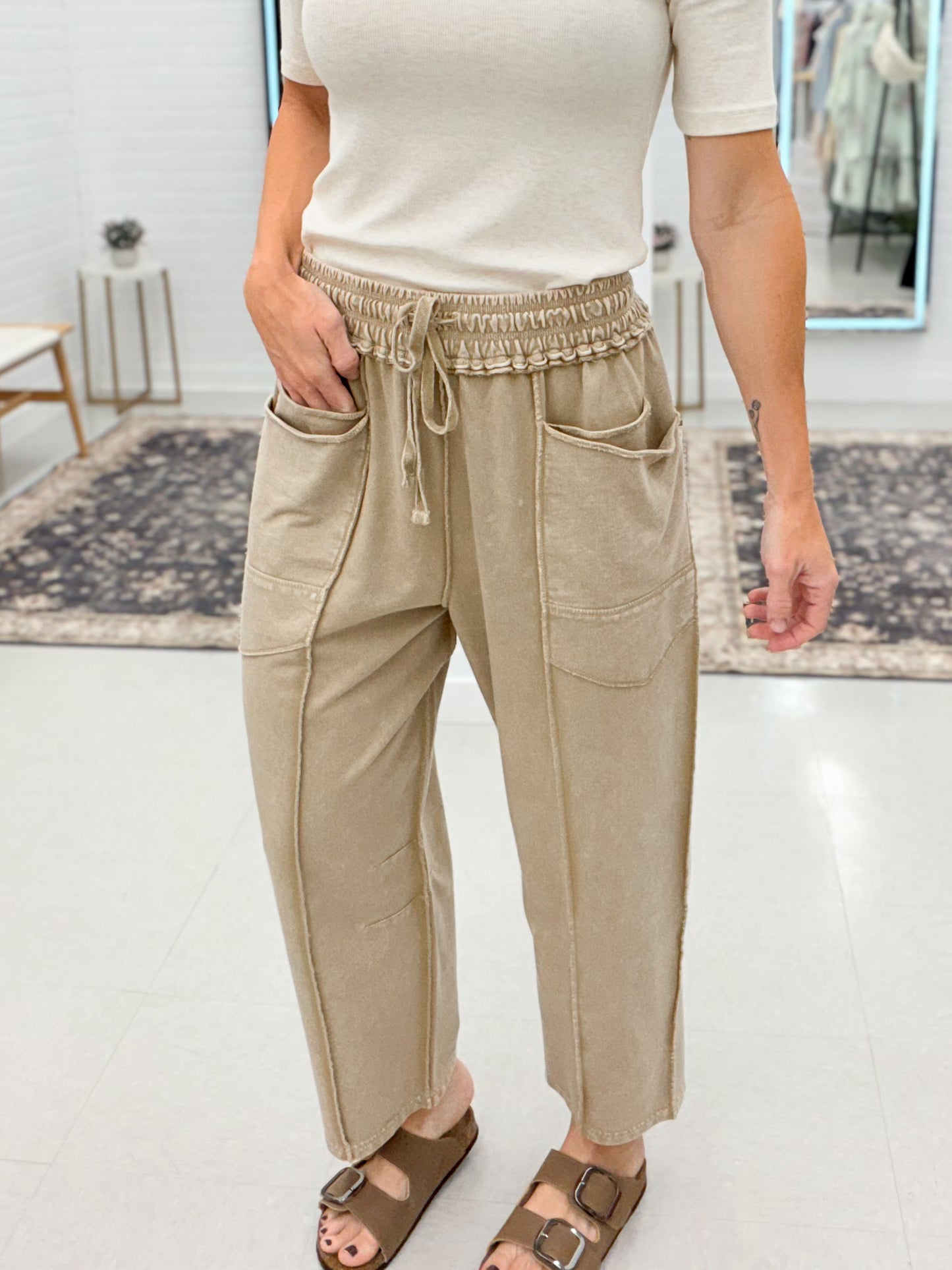 On Time Mineral Wash Terry Knit Barrel Pants Taupe