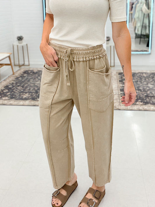 On Time Mineral Wash Terry Knit Barrel Pants Taupe