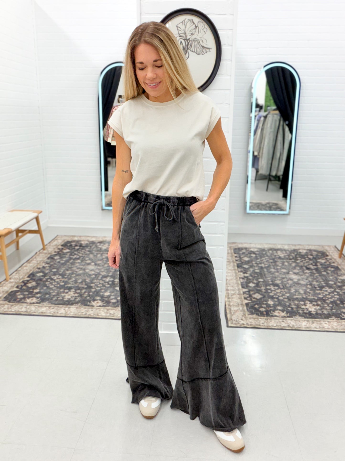 Double Down Wide Leg French Terry Pants Black