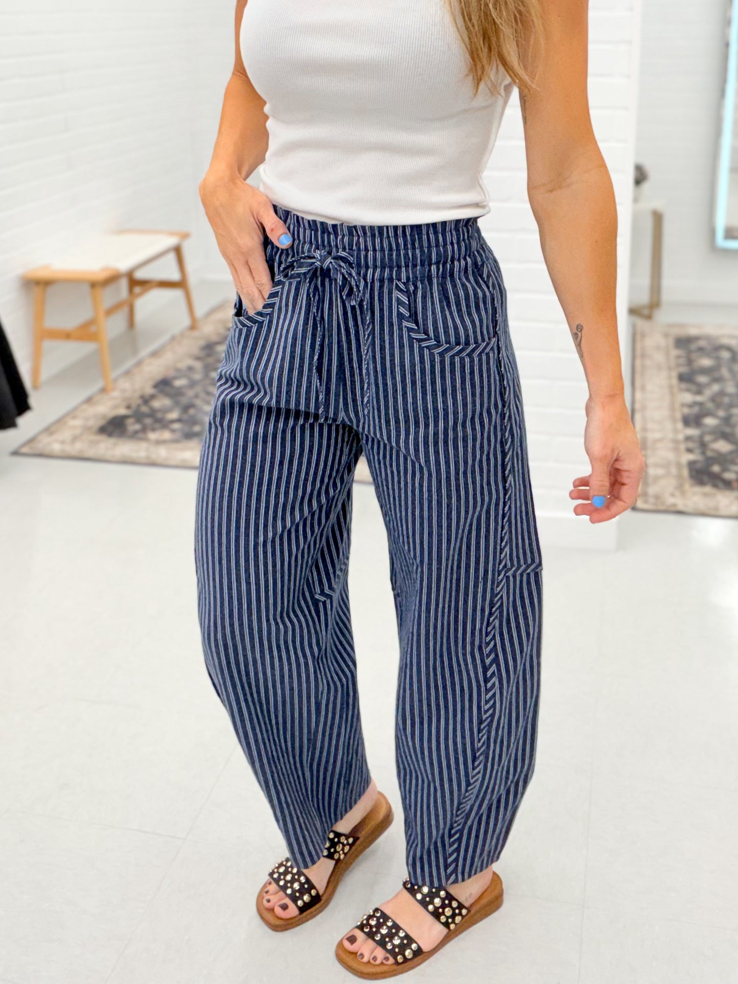 Sail Away Pinstripe Barrel Drawstring Pants Navy