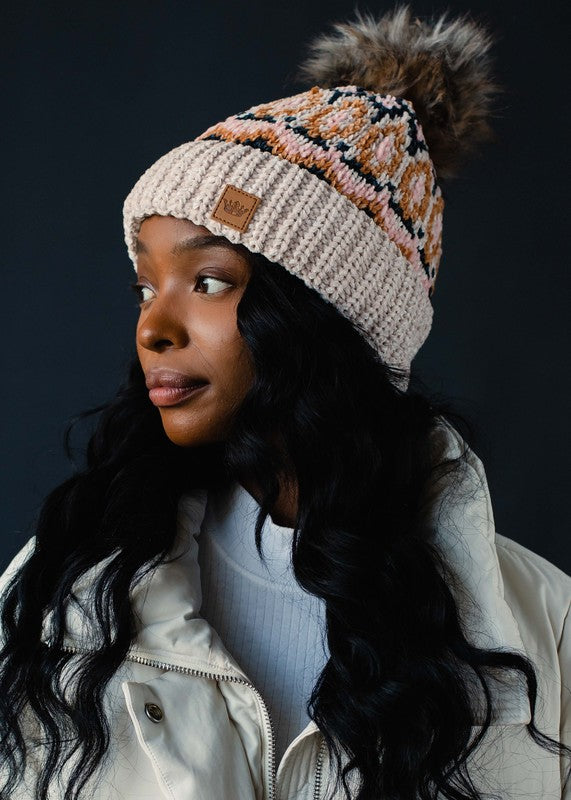 Beige And Multicolored Pattern Pom Beanie Hat