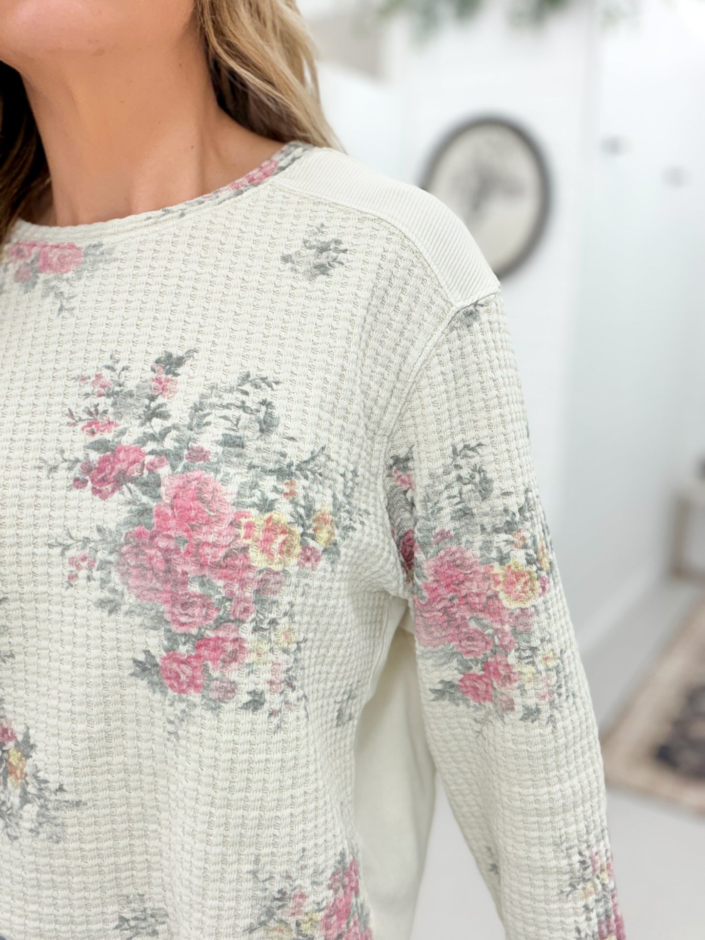 Wild Things Floral Print Thermal Knit Top Cream