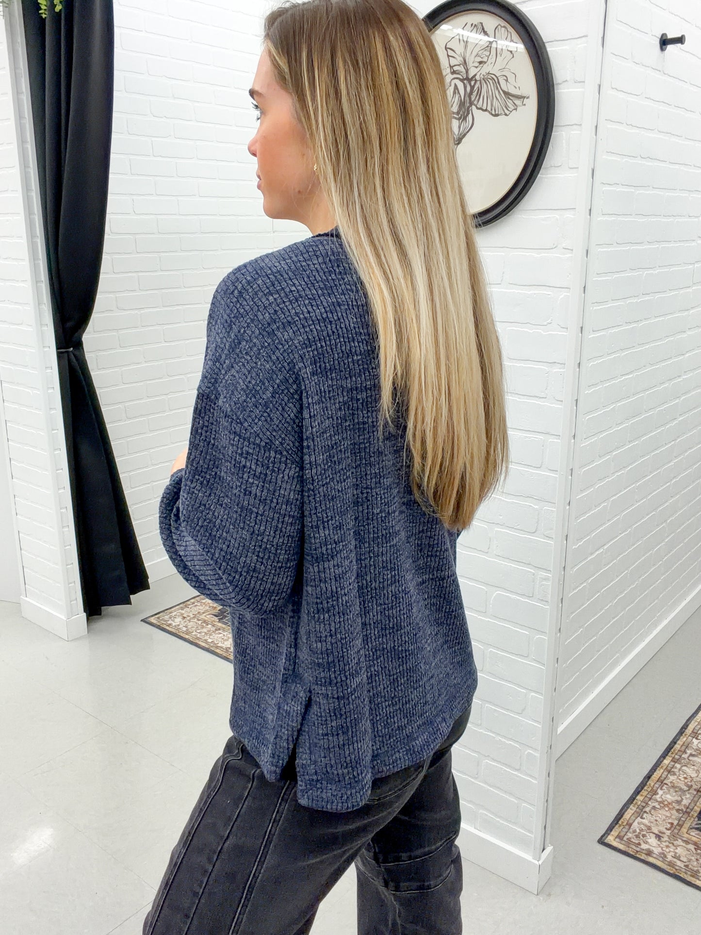 Last Year Ribbed Pocket Detail Knit Top Navy