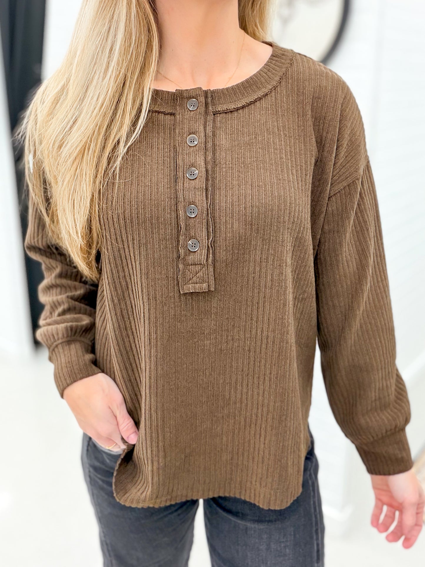 Take A Chance Ribbed Henley Top Dark Brown