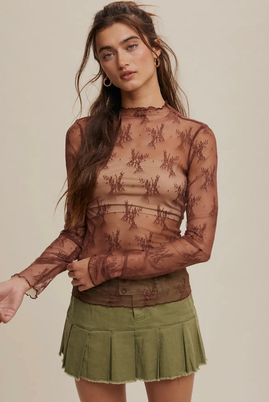 Living Lux Mesh Layering Lace Top Red Bean