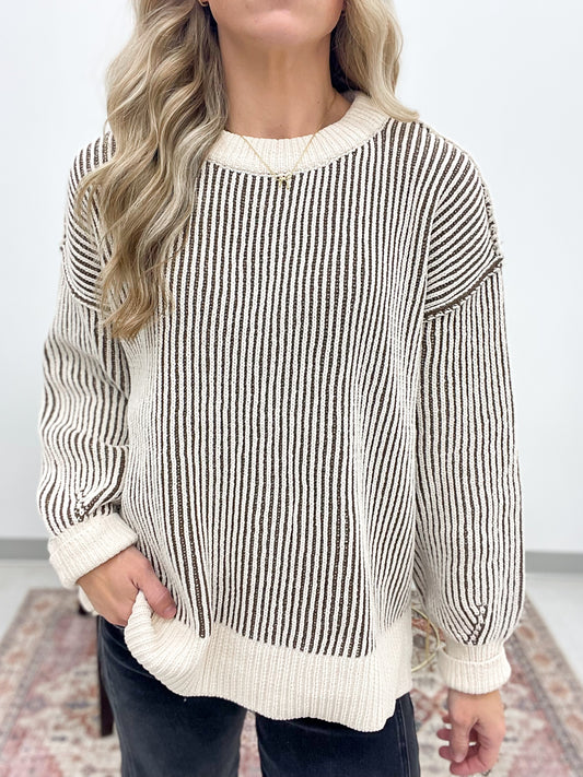 She Will Two-Tone Chenille Crewneck Sweater Brown