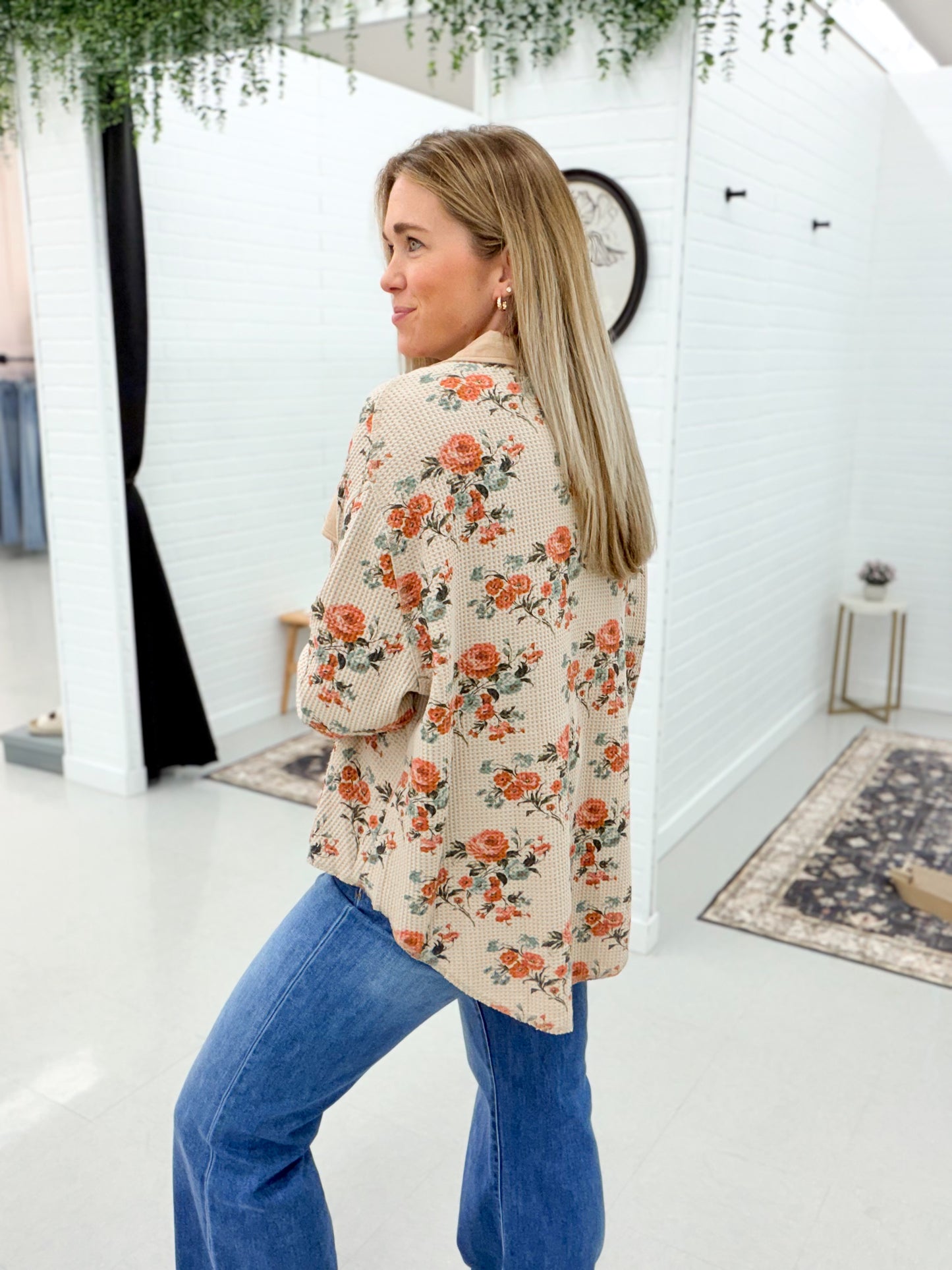 Bloom Today Floral Print Washed Waffle Shirt Jacket Taupe