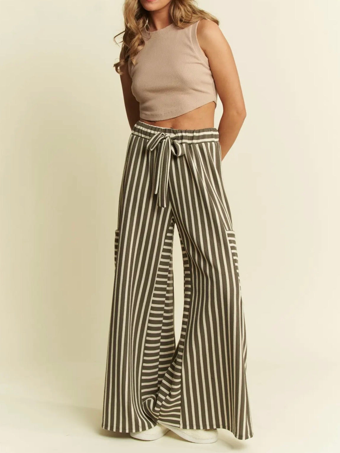 One Day Striped Wide Leg Pants Olive S-3X