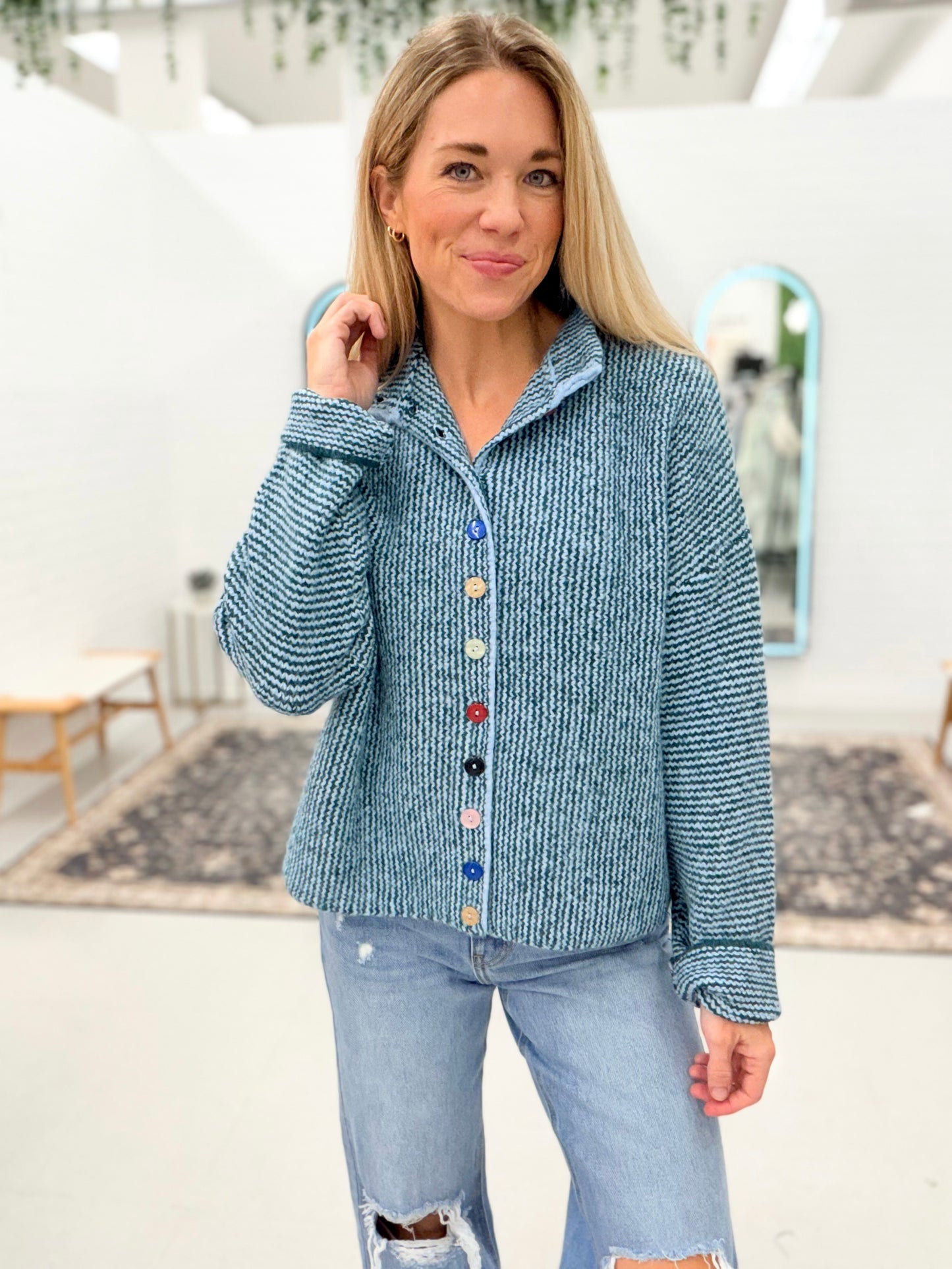 Like Her Blue Green Button Detail Sweater