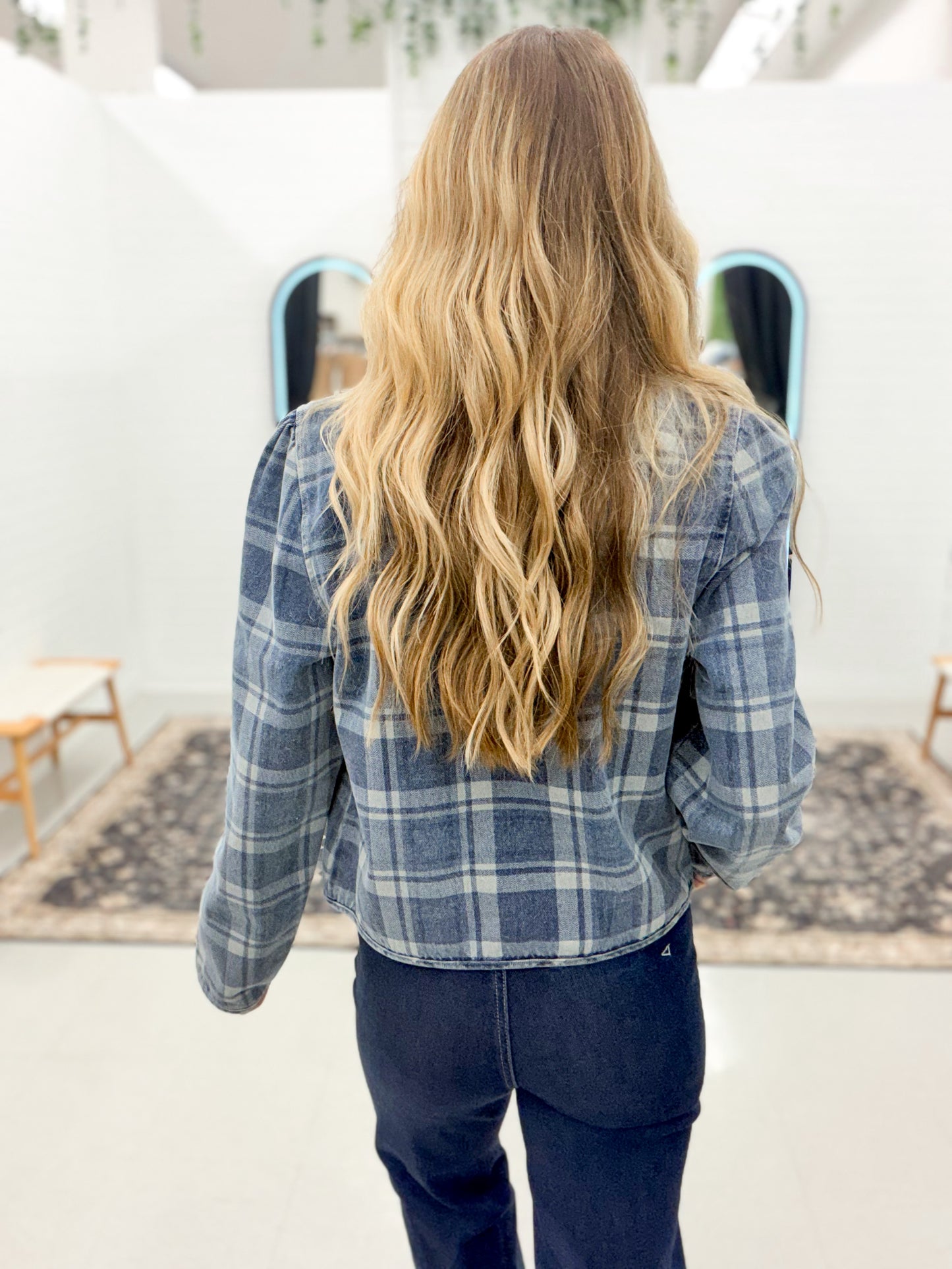 Stay Chic Denim Plaid Button Front Jacket