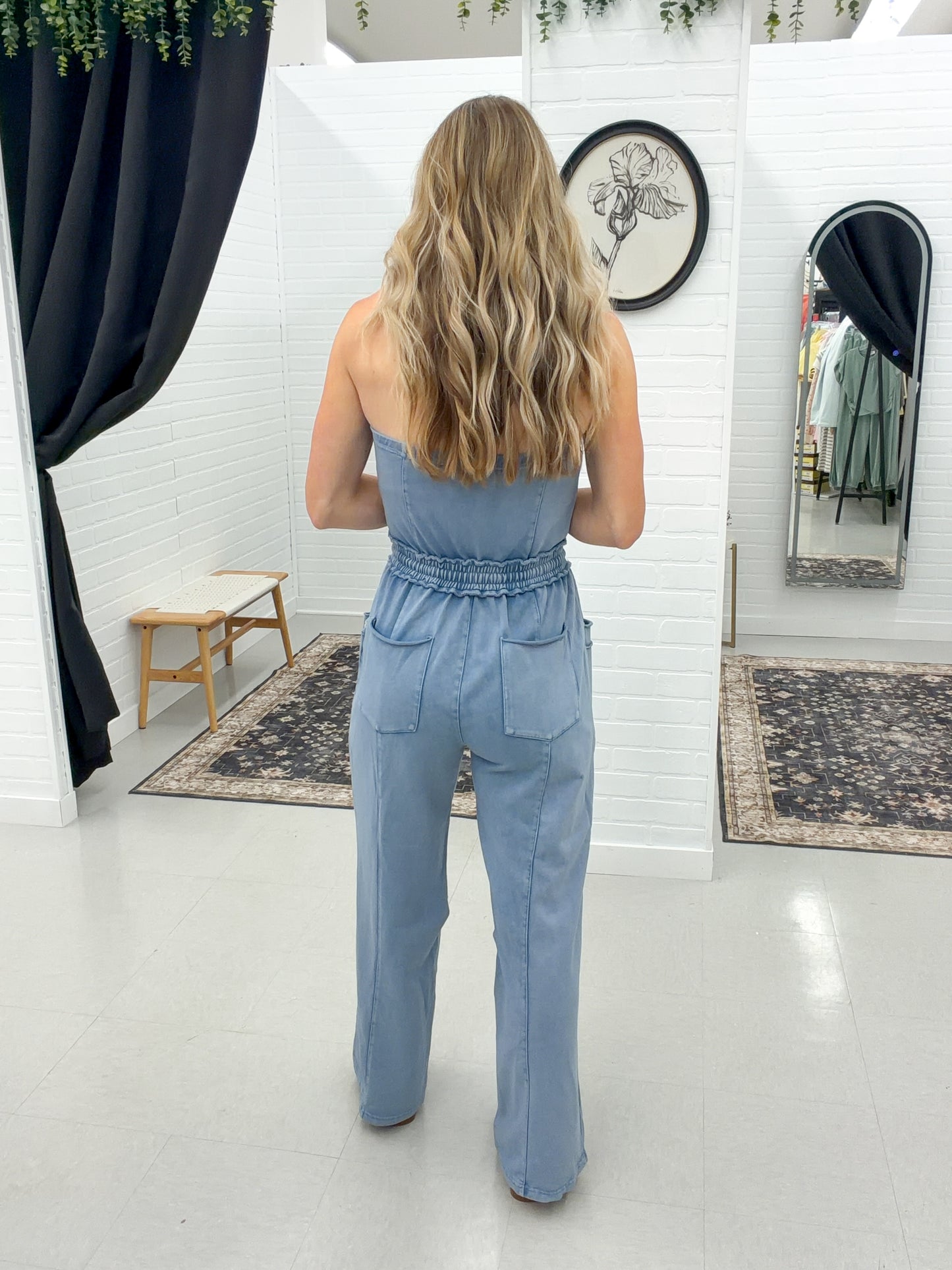 Luxe Mineral Wash Strapless Jumpsuit Light Blue