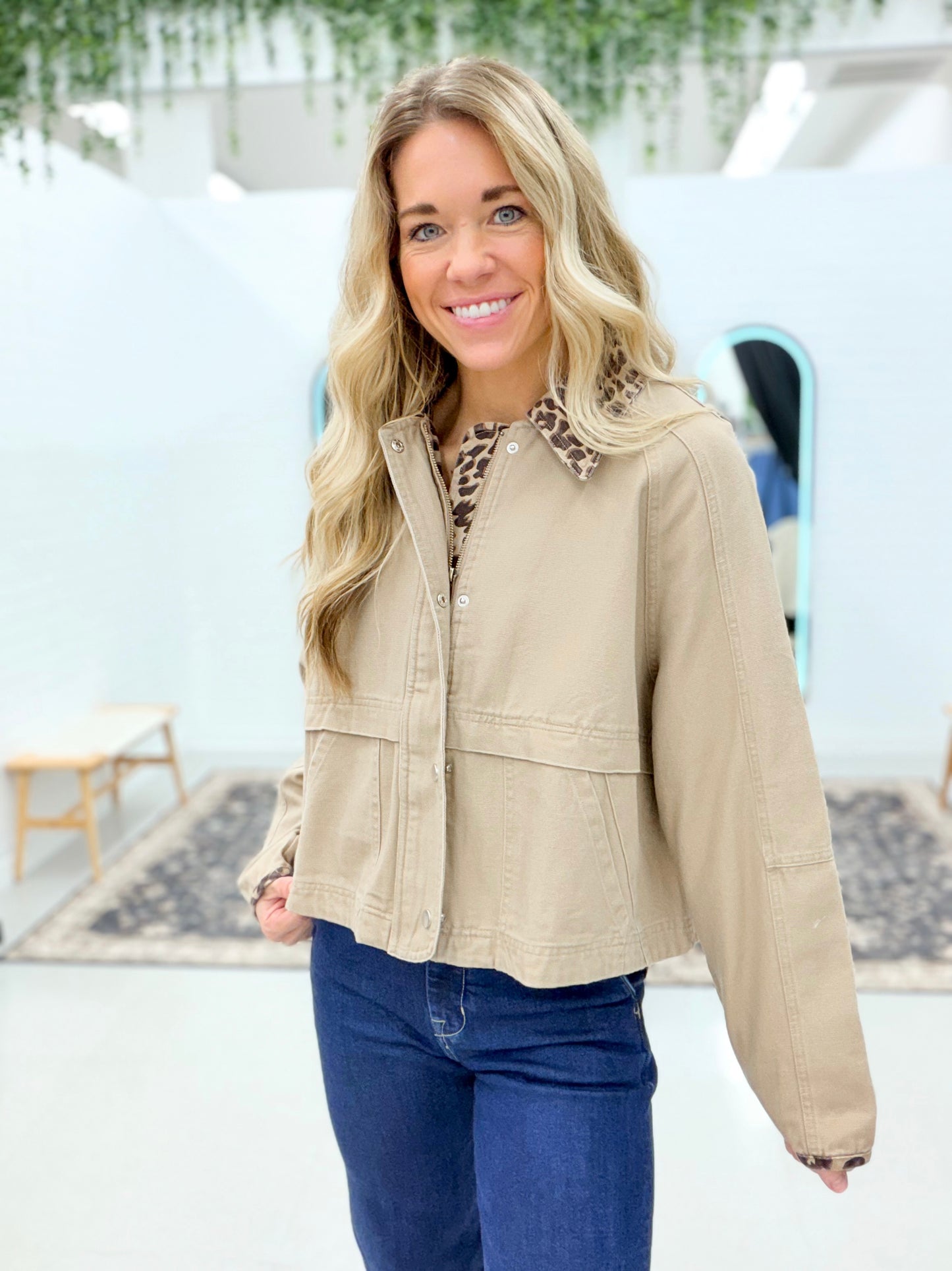 Too Soon Oxford Canvas Leopard Collar Barn Jacket Taupe