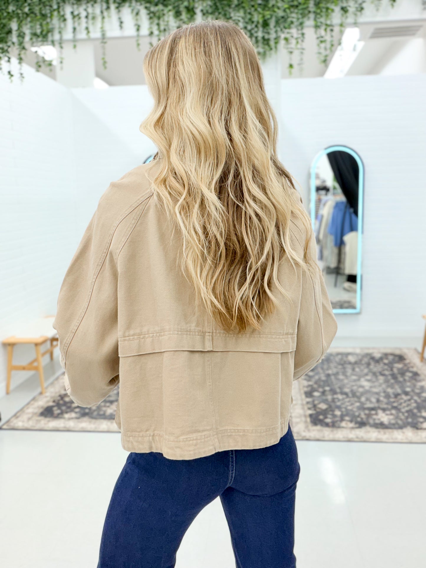 Too Soon Oxford Canvas Leopard Collar Barn Jacket Taupe