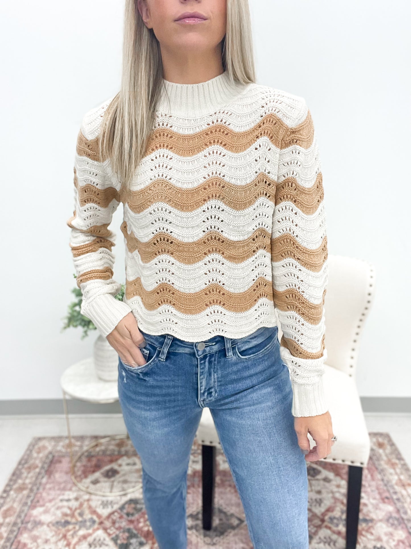 Ride The Wave Striped Crop Sweater Taupe/Cream