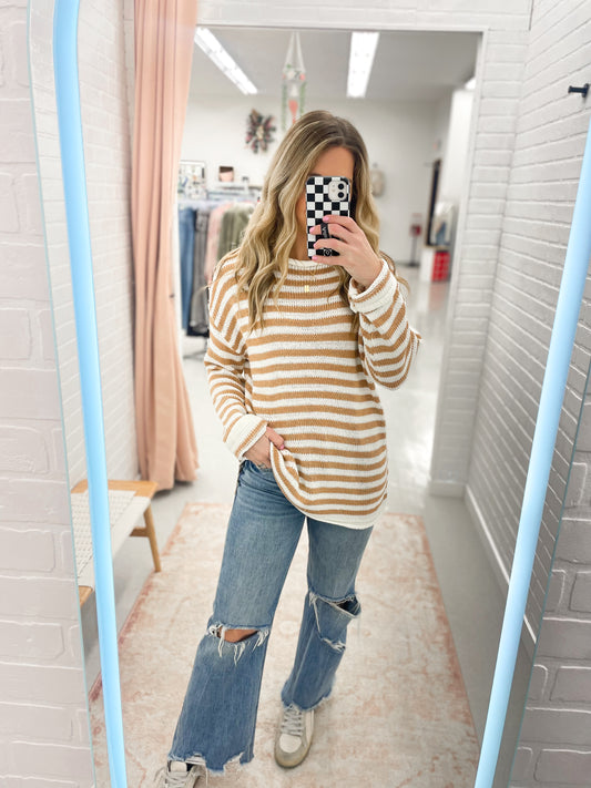 Weekend View Striped Knit Sweater Taupe S-3X