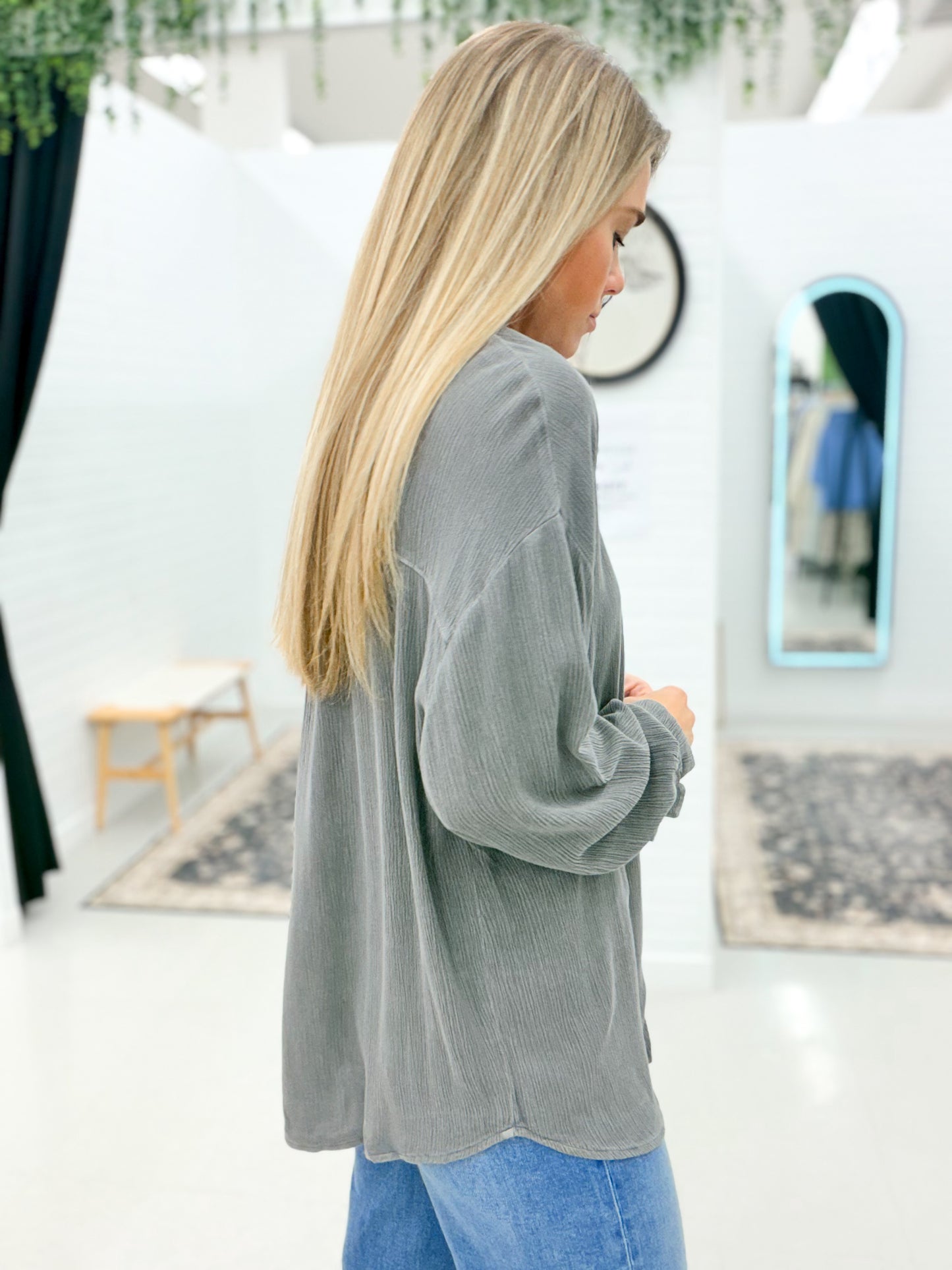 In Motion Long Sleeve Washed Button Down Charcoal