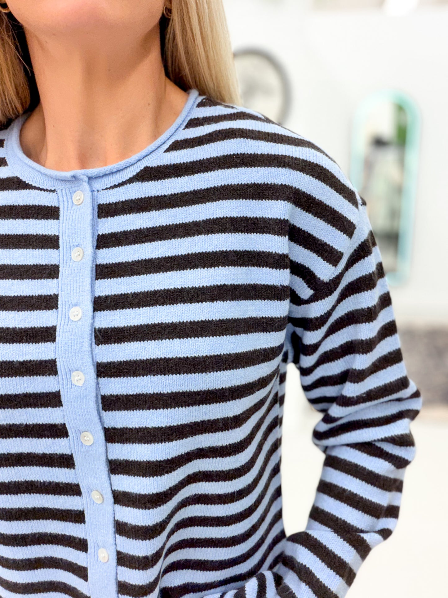 The Dover Cardigan Blue Brown Stripe