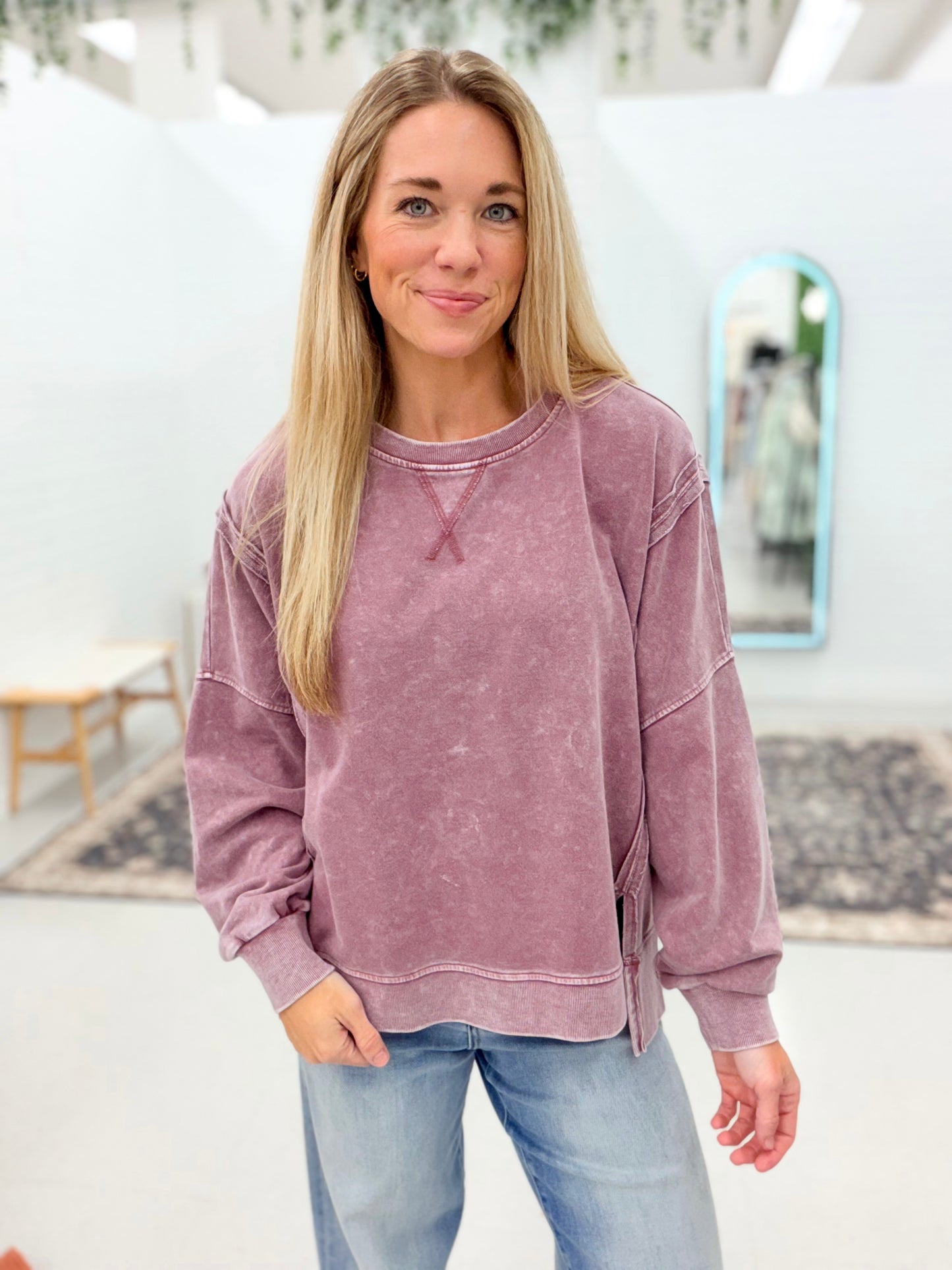 Her Brag Washed Long Sleeve Knit Top Plum