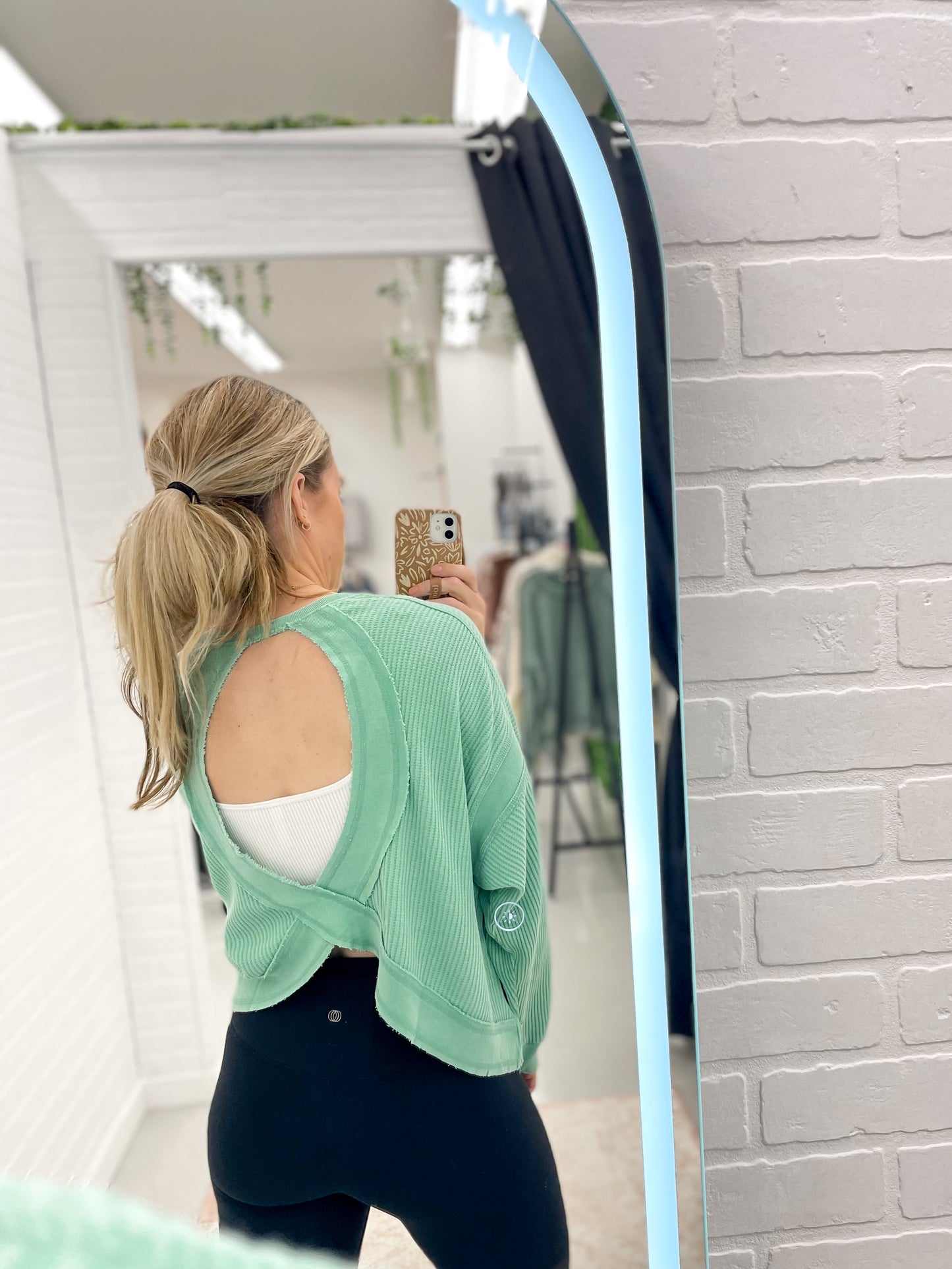 Her Time Waffle Knit Open Back Long Sleeve Top Light Emerald